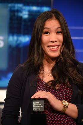 Presenter and prizewinner Mai Thi Nguyen Kim poses at the Hanns Joachim Friedrichs Prize for Television Journalism 2019 on 14 11 2019 in Cologne The prize is awarded once a year to television journalists who have achieved outstanding results in their work