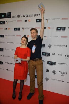 Award ceremony of the DAFF 2019 Lena Urzendowsky, prizewinner actress supporting role, Dietrich Brueggemann, prizewinner director crime scene Murot and the marmot arrival at the award ceremony of the German Academy for Television 2019 in the cinema Babyllon in Berlin on 16 11 2019 PPM