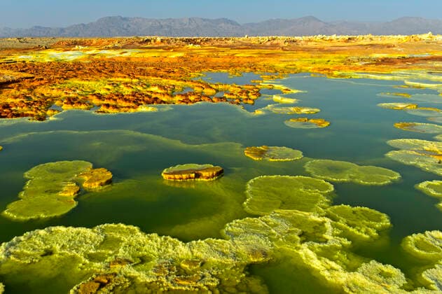 Crystallized sulfides in an acid brine pool, geothermal field of Dallol, Danakil depression, Afar Triangle, Ethiopia