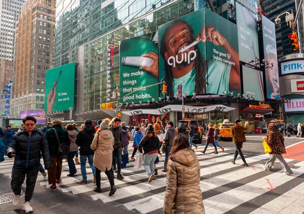 Quip advertising in New York Advertising for Quip, the electric toothbrush subscription company, in Times Square on Sunday, November 17, 2019. Quip recently branched out into another oral health product, a subscription floss dispenser. (  RichardxB.xLevine