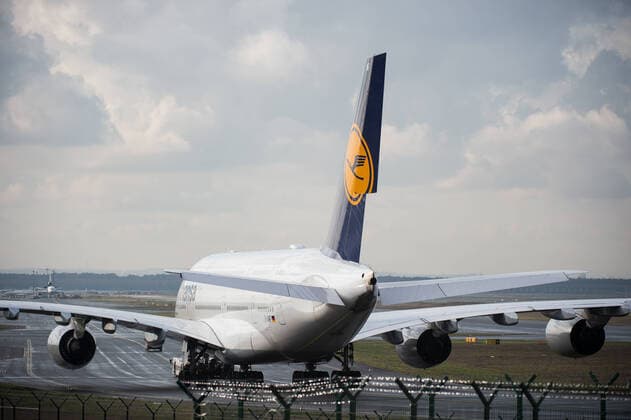 Frankfurt am Main Airport 19 11 2019 Frankfurt x1x Frankfurt Airport, view from the Zeppelinheim viewing platform In the picture an aircraft of the German Lufthansa Airbus A380 800, D AIMF is towed by a tug across the tarmac Frankfurt Frankfurt Hessen Germany