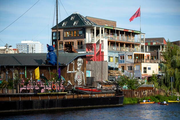 View from the Spree at the Club Kater Blau and Holzmarkt Gelaende in Berlin on 6 September 2019