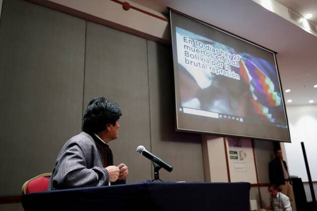 Formal President of Bolivia Evo Morales, in asylum in Mexico, speech in a press conference to report the deaths of Bolivian demonstrators to hands of the policemen of his country, in Mexico city, Mexico, 20 November 2019. Morales showed to the press a video where can observe the actions of the police striking with excessive strength to demonstrators, in addition to the dead persons and injured being helped by the own citizens. Evo Morales accuses repression and deaths to hands of the police !ACHTUNG: NUR REDAKTIONELLE NUTZUNG!  Copyright: xJosexMendezx MEX9320 20191120-637098704051044525