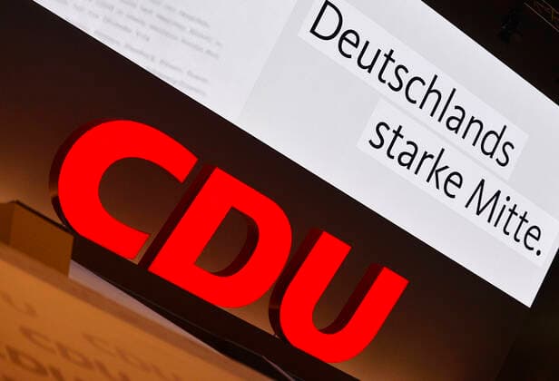32 Party Congress Christian Democratic Union of Germany CDU , Leipzig 22 11 2019 CDU logo with slogan Germanys strong centre in the background at CDU Party Congress in Leipzig 22 11 2019 Leipzig Germany Congress Center Leipzig CCL