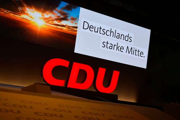 32 Party Congress Christian Democratic Union of Germany CDU , Leipzig 22 11 2019 Logo of the CDU in front , the Party Congress Motto of Germany strong center in the background right and a photo of a sunrise sunset left at the CDU Party Congress in Leipzig 22 11 2019 Leipzig Germany Congress Center Leipzig CCL