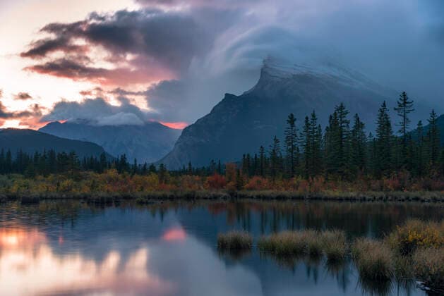 Sunrise and storm clouds at Vermillion Lakes with Mount Rundle in autumn, Banff National Park, UNESCO World Heritage Site, Alberta, Rocky Mountains, Canada, North America Copyright: JonxReaves 1241-196