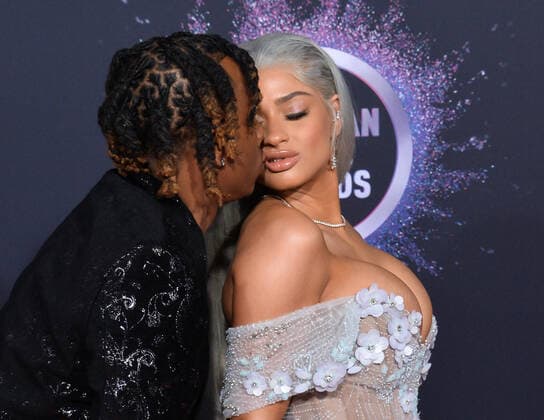 (L-R) Rapper Rich The Kid and Tori Brixx arrive for the 47th annual American Music Awards at the Microsoft Theater in Los Angeles on Sunday, November 24, 2019.  LAP20191124236 JIMxRUYMEN