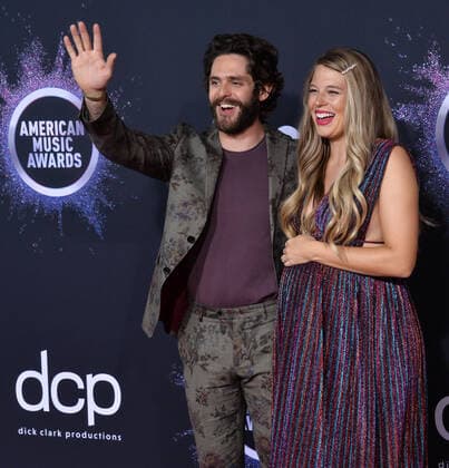 (L-R) Singer Thomas Rhett and Lauren Akins arrive for the 47th annual American Music Awards at the Microsoft Theater in Los Angeles on Sunday, November 24, 2019.  LAP20191124351 JIMxRUYMEN