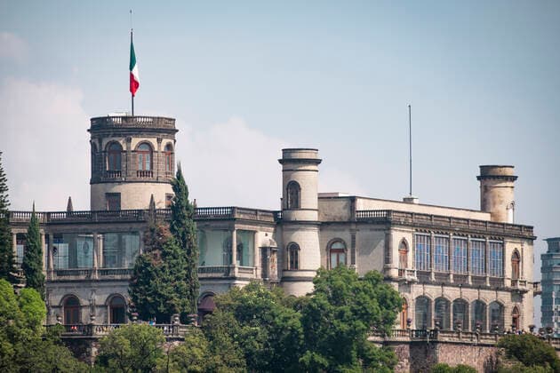 View of Chapultepec Castle against sky in Mexico city during sunny day, Mexico  ABAF02248