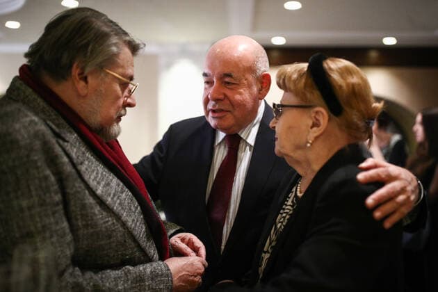 MOSCOW, RUSSIA - NOVEMBER 25, 2019: The artistic director of the Moscow Academic Theatre of Satire, Alexander Shirvindt, with wife Natalya Belousova (L-R front) and Russia s presidential special representative for international cultural cooperation Mikhail Shvydkoi (C) at the 24th Stanislavsky award ceremony at the Baltschug Keminski Hotel. Sergei Bobylev TASS  TS0C4A64