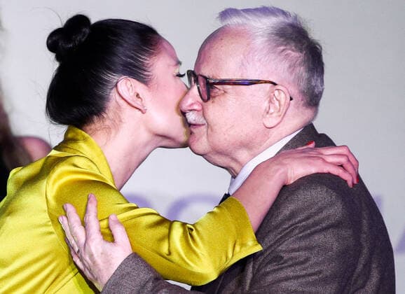 MOSCOW, RUSSIA - NOVEMBER 25, 2019: Lensovet Theatre actress Laura Pitskhelauri (L) accepts a Stanislavsky Award in the Acting Expertise category from Russian Academy of Theatre Arts (GITIS) teacher Siliunas Vidmantas at the 24th Stanislavsky award ceremony at the Baltschug Keminski Hotel. Sergei Bobylev TASS  TS0C4A9F