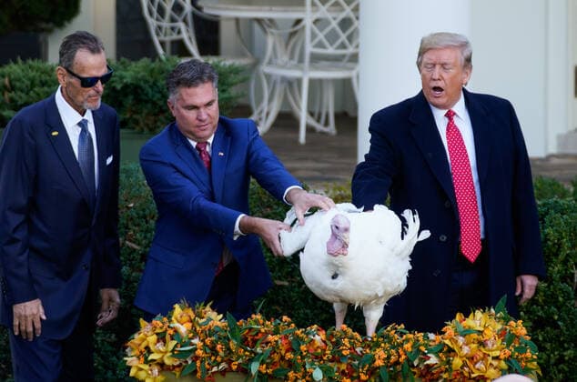 Bilder des Jahres 2019, Entertainment 11 November Entertainment Themen der Woche KW48 Entertainment Bilder des Tages President Donald Trump (R) pardons Butter the National Thanksgiving Turkey, as turkey farmer Wellie Jackson ranges the bird, during the annual Thanksgiving ceremony at the White House in Washington, DC on Tuesday, November 26, 2019. President Trump also pardoned an alternate turkey names Bread. Following today s event, both turkeys will spend the rest of their lives at Gobblers Rest on the campus of Virginia Tech.  WAP20191126308 KEVINxDIETSCH