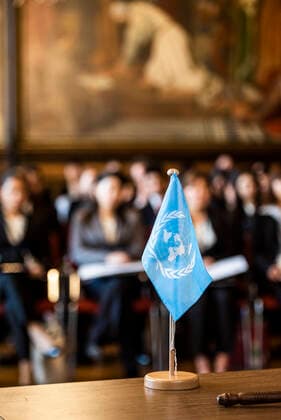 NATIONAL MODEL UNITED NATIONS CONFERENCE ERFURT 28 11 2019 Erfurt The UN flag on the table during the National Model United Nations Conference at Erfurt City Hall on 28 November 2019