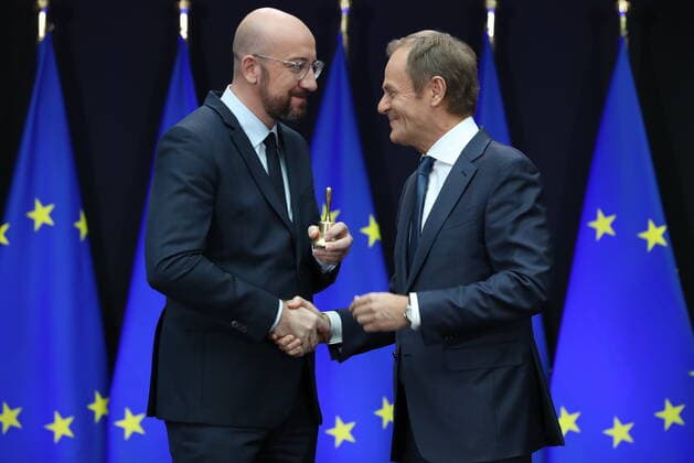 Bilder des Jahres 2019, News 11 November News Themen der Woche KW48 Newly appointed European Council President Charles Michel and European Council President Donald Tusk pictured during the handover between outgoing President Tusk and incoming President Michel, at the European headquarters in Brussels, Friday 29 November 2019.  BENOITxDOPPAGNE 2435145