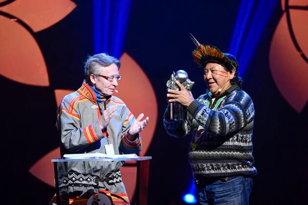Presenter Lars Anders Baer L Davi Kopenawa, Hutukara Yanomami Association, Brazil receives the 2019 Right Livelihood Award at Cirkus, in Stockholm , Sweden on Dec 04, 2019 STOCKHOLM SWEDEN x11720x,  Copyright: xErikxSimander TTx SWEDEN RIGHT LIVELIHOOD AWARD