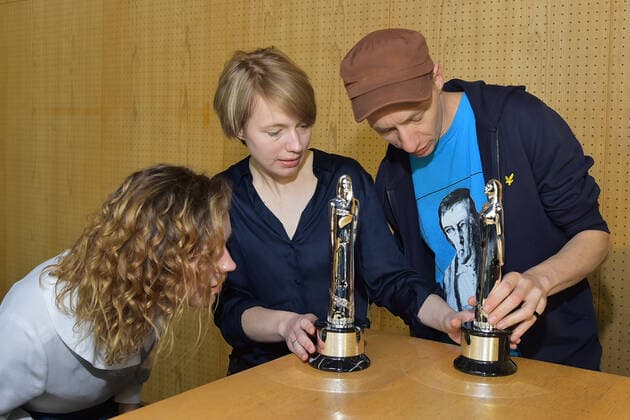 Photo session moderators with statuettes EFA 2019 The moderators Aiste Dirziute, Anna Brueggemann, Dietrich Brueggemann Photo session for the presentation of the EFA European Film Awards 2019 at the Haus der der Berliner Festspiele in Berlin on 04 12 2019 PPM