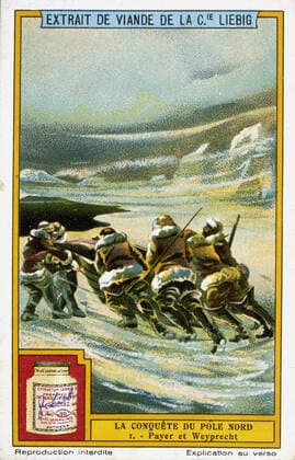 North Pole The conquest of the North Pole the explorers Payer and Weyprecht pulling a boat from the sea, Liebig advertising chromo around 1910 Credit Collection KHARBINE TAPABOR  KH2640