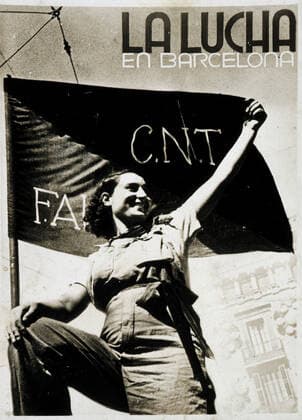 Guerre d Espagne La lucha en Barcelone : Milicienne anarchiste devant le drapeau de la CNT-FAI pendant la guerre d Espagne 1936 . Carte postale editee par la CNT-FAI (mouvement anarchiste). Credit: Collection IM KHARBINE-TAPABOR. *** Spanish War La lucha in Barcelona Militia anarchist in front of the flag of the CNT FAI during the Spanish War 1936 Postcard published by the CNT FAI anarchist movement Credit Collection IM KHARBINE TAPABOR  KH50118