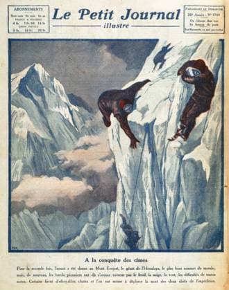 Everest A la conquete des cimes : pour la seconde fois, l assaut a ete donne au Mont evrest, le geant de l Himalaya, le plus haut sommet du monde, mais , de nouveau, les hardis pionners ont du s avouer vaincus par le froid, la neige, le vent, les difficultes de toutes sortes. Certains firent d effroyables chutes et l on eut meme a deplorer la mort des deux chefs d expedition: George Leigh Mallory et Andrew (Sandy) Irvine en ce mois de juin 1924. Illustration du Petit Journal illustre du 29 juin 1924. Credit: Collection KHARBINE-TAPABOR. *** Everest At the conquest of the peaks for the second time, the assault was given to Mount Evrest, the giant of the Himalayas, the highest peak in the world, but, once again, the bold pioneers had to admit defeated by the cold, snow and wind, the difficulties of all kinds Some made terrible falls and th  KH64730