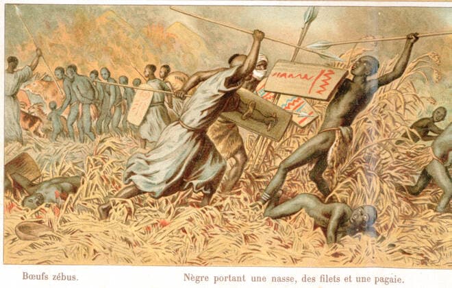 IMAGO History, Ende des afrikanischen Sklavenhandels und die Abschaffung der Sklaverei: 1807-1888 ESCLAVAGE Guerriers Bournous attaquant un village de guerriers Kanembous pour les reduire en esclavage. Chromolithographie de 1889 par Heinrich LEUTEMANN (1824-1905) pour Les Peuples etranges Causeries ethnographiques par le Dr F. DELISLE. Credit: Coll. Jonas KHARBINE-TAPABOR. *** SLAVAGE Warriors Bournous attacking a village of Kanembous warriors to reduce them to slavery Chromolithography of 1889 by Heinrich LEUTEMANN 1824 1905 for Les Peuples etranges Chateaux ethnographiques by Dr F DELISLE Credit Coll Jonas KHARBINE TAPABOR  KH65393