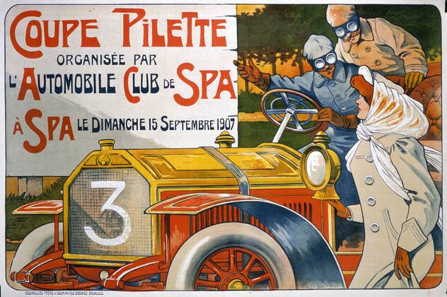 Automobile Affiche pour la Coupe Pilette organisee par l automobile club de SPA le dimanche 15 septembre 1907 . Credit : Coll. Perrin KHARBINE-TAPABOR. *** Automobile Poster for the Coupe Pilette organized by the automobile club of SPA on Sunday, September 15, 1907 Credit Coll Perrin KHARBINE TAPABOR  KH69143