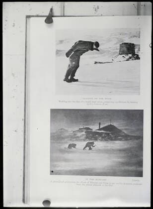 Glass Negative - Copy, Leaning on the Wind & In the Blizzard , Australasian Antarctic Expedition (AAE), Antarctica, 1911-1914, Black and white glass negative which is a copy of a page from Sir Douglas Mawson s book Home of the Blizzard . One of 328 images in various formats including artworks, photographs, glass negatives and lantern slides.  Copyright Artokoloro LC190917_104116