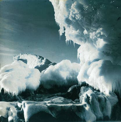 Lantern Slide - Frank Hurley, Frozen spray, Antarctica, Australasian Antarctic Expedition 1911-1914, Lantern slide showing frozen spray along the coast of Adelie Land, Antarctica, taken by Frank Hurley on the Australasian Antarctic Expedition, 1911-1914  Copyright Artokoloro LC190917_105376
