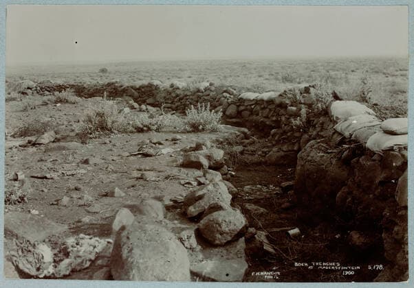 Photograph - Boer Trenches , Magersfontein, South Africa, 1900, One of 74 black and white photographs contained within a hard-covered photograph album. Inscribed on front page of the album M.G.A. Warner . Belonged to Sister Mabel Ashton Warner, who served in Queen Alexandra s Royal Nursing Service. Photographs are glued into album, and are generally very faded. Some appear commercially-produced; others are rough and amateurish  Copyright Artokoloro LC190917_113007