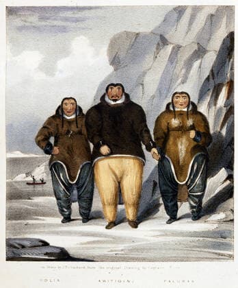 ESQUIMAUX Groupe d esquimaux. Illustration tiree de l ouvrage de John ROSS (1777-1856) Narrative of a 2nd voyage... North-East passage , publie en 1835 (19eme, XIXe, 19e s.). Ouvrage conserve aux Archives et Bibliotheque de la Marine, a Vincennes. Credit : collection JEAN VIGNE Kharbine-Tapabor. *** ESQUIMALS Eskimo Group Illustration from John ROSS 1777 1856 Narrative of a 2nd voyage North East passage, published in 1835 19th, 19th, 19th century, 19th century, kept in the Archives and Library of the Navy, in Vincennes Credit collection JEAN VIGNE Kharbine Tapabor  KH120461