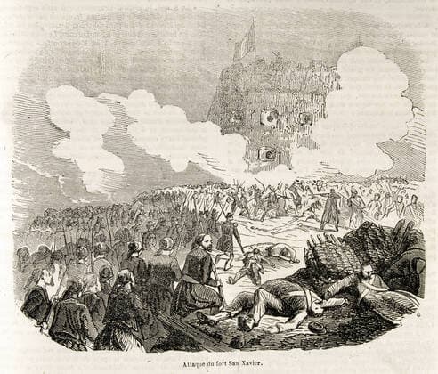 MEXICO WAR Attack on Fort San Xavier during the Capture of Puebla in May 1863 Illustration taken from the book La Bedolliere Histoire de la guerre du Mexique, published in 1865 19th, 19th, 19th s Credit JEAN VIGNE KHARBINE TAPABOR  KH129122
