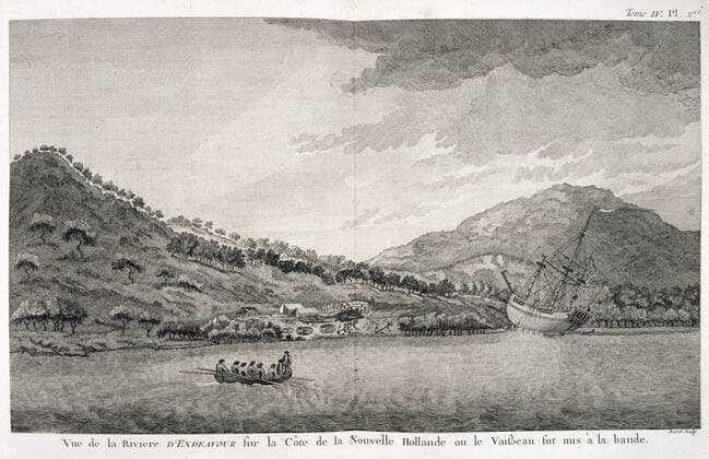 COOK Work Cooks ship fails at the estuary of the Endeavour River Illustration drawn from Maps and figures of Captain COOKs voyages 1728 1779, 1774 edition 18th, 18th, 18th century Credit JEAN VIGNE KHARBINE TAPABOR  KH129999