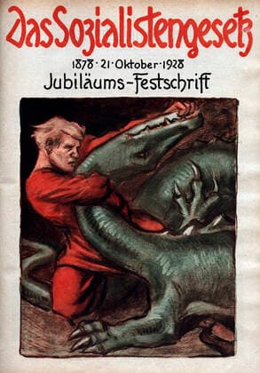 German SOCIALISM 1928 Red worker knocking down a dragon Anonymous illustration for Das Sozialistengesetz of 21 October 1928 Brochure for the commemoration of the antisocial democratic laws of 1878 In May 1928 the SPD won the legislative elections with almost 30 votes It is prohibited by the Sozialistengesetz in 1878, antisocialist law that prohibits any social democratic ass  KH152612