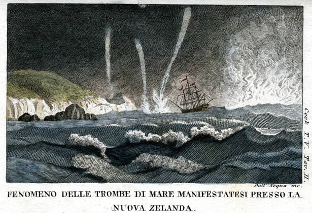 Voyages of COOK Trombe de mer appear near New Zealand Anonymous illustration for Navigazioni di Cook pel grande oceano e interno al globo Voyage of Captain Cook by James COOK 1728 1779 published in Milan in 1816 18th century, 18th century, 18th century, 18th century Credit Collection Grob KHARBINE TAPABOR  KH155295