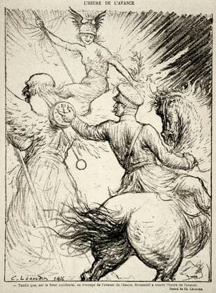 Guerre mondiale 1914-1918 A propos de l offensive russe sous le general Broussilov contre les autrichiens: L heure de l avance. - Tandis que, sur le front occidental, on s occupe de l avance de l heure, Broussilof a trouve l heure de l avance. Illustration de Charles LEANDRE (1862-1934) dans Le Rire Rouge du 01 07 1916. Credit: Collection KHARBINE-TAPABOR. *** World War 1914 1918 About the Russian offensive under General Broussilov against the Austrians The hour of the advance While, on the Western Front, the advance of the hour is taken care of, Broussilof found the hour of the advance Charles LEANDREs illustration 1862 1934 in Le Rire Rouge du 01 07 1916 Credit Collection KHARBINE TAPABOR  KH16179