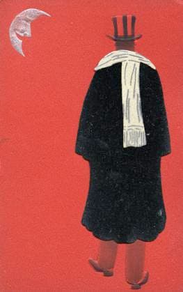 MAN OF BACK 10 years 10 A man from behind in a coat and scarf, a crescent moon smiling postcard around 1910 Credit Collection IM KHARBINE TAPABOR  KH172390