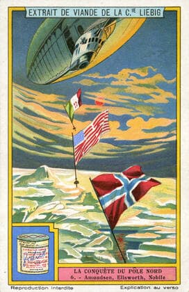 EXPLORATION POLAIRE Amundsen, Ellsworth, Nobile . Chromo publicitaire Liebig de 1928, serie intitulee La Conquete du Pole Nord . Illustration anonyme. Credit : Collection KHARBINE-TAPABOR *** POLAR EXPLORATION Amundsen, Ellsworth, Nobile Chromo advertising Liebig of 1928, series entitled La Conquete du Pole Nord Anonymous illustration Credit Collection KHARBINE TAPABOR  KH172749