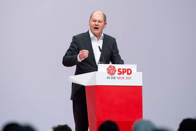 Olaf SCHOLZ, Federal Minister of Finance, during his speech, SPD Federal Party Congress in the City Cube Berlin, 06 08 12 2019