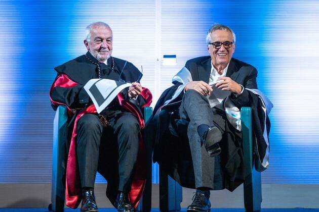 Ceremony of conferring the Master s Degree ad Honorem in Television, Cinema and New Madia to Marco Bellocchio at IULM University, Via Carlo Bo 7 Milan In the photo: The principal of the IULM University Gianni Canova and Marco Bellocchio Editorial Usage Only  Copyright: xFrancescoxBozzox xIPAx