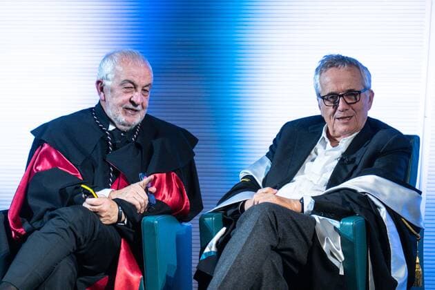 Ceremony of conferring the Master s Degree ad Honorem in Television, Cinema and New Madia to Marco Bellocchio at IULM University, Via Carlo Bo 7 Milan In the photo: The principal of the IULM University Gianni Canova and Marco Bellocchio Editorial Usage Only  Copyright: xFrancescoxBozzox xIPAx