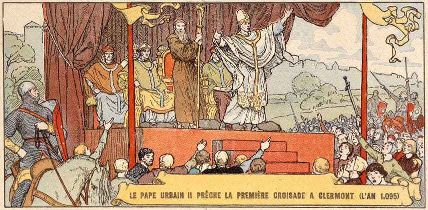 Crusade Pope URBAN II preaches the 1st crusade in Clermont in 1095 Illustration taken from a book of French History of the 1920s Credit Collection KHARBINE TAPABOR  KH30511