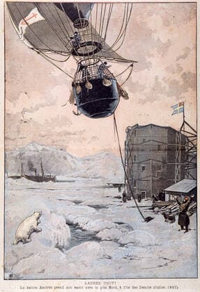 Polar expedition The ANDREE 1854 1897 balloon takes off towards the North Pole, on the island of the Danes Illustration from the Pelerin of July 1897 Credit Collection Jonas KHARBINE TAPABOR  KH32205