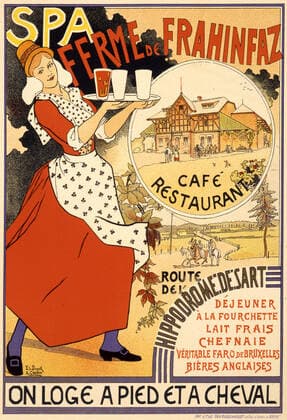 Affiche Auberge SPA Affiche publicitaire pour SPA, Ferme de Frahinfaz, cafe restaurant, onloge a pied et a cheval, Auberge de Belgique. Ill E. Duyck et A. Crespin. vers 1895 1900. Credit Collection Galerie Document-Grob Kharbine Tapabor *** Poster Auberge SPA Poster Advertising poster for SPA, Ferme de Frahinfaz, cafe restaurant, onloge a pied et a cheval, Auberge de Belgique Ill E Duyck et A Crespin circa 1895 1900 Credit Collection Collection Galerie Document Grob Kharbine Tapabor  KH34728