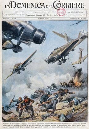 Guerre d Espagne Guerre d Espagne. Offensive en Aragon, Bombardiers italiens . Illustration de Achille BELTRAME (1871-1945) pour la couverture du magazine italien La Domenica del Corriere du 10 avril 1938. Credit : Collection KHARBINE-TAPABOR. *** Spanish War Spanish War Offensive Spanish War in Aragon, Italian Bombers Illustration of Achille BELTRAME 1871 1945 for the cover of the Italian magazine La Domenica del Corriere of 10 April 1938 Credit Collection KHARBINE TAPABOR  KH35656