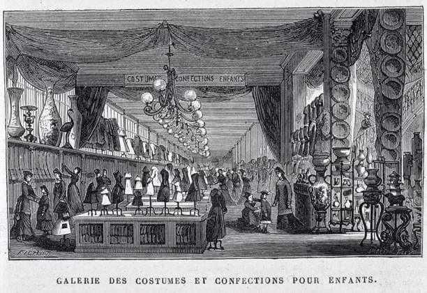 Grands Magasins Galerie des costumes et confections pour enfants au Bon Marche. Gravure tiree de L Univers Illustre en 1880. Credit : Collection KHARBINE-TAPABOR. *** Department stores Gallery of costumes and clothing for children at Bon Marche Engraving from L Univers Illustre in 1880 Credit Collection KHARBINE TAPABOR  KH36788