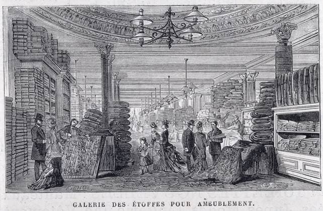 Grands Magasins Galerie des etoffes pour ameublement au Bon Marche. Gravure tiree de L Univers Illustre en 1880. Credit : Collection KHARBINE-TAPABOR. *** Department Stores Gallery of fabrics for furniture at Bon Marche Engraving from L Univers Illustre in 1880 Credit Collection KHARBINE TAPABOR  KH36789