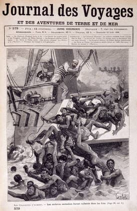 IMAGO History, Ende des afrikanischen Sklavenhandels und die Abschaffung der Sklaverei: 1807-1888 Esclavage Les chasseurs d hommes : Les esclaves enchaines furent culbutes dans les flots . Couverture du Journal des Voyages illustree par Horace CASTELLI (1825-1889), en 1888. Credit : Collection Jonas KHARBINE-TAPABOR. *** Slavery The hunters of men The chained slaves were tumbled into the waves Cover of the Journal des Voyages illustrated by Horace CASTELLI 1825 1889, in 1888 Credit Collection Jonas KHARBINE TAPABOR  KH36925