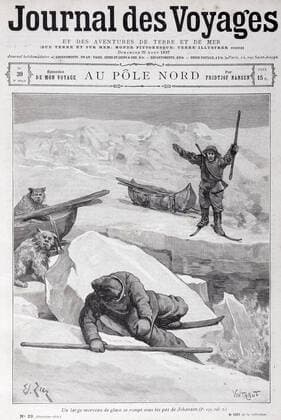 Pole Nord Au pole nord, par NANSEN (1861-1930) : un large morceau de glace se rompt sous les pas de Johansen . Illustration par ZIER (1856-1924) en couverture du Journal des Voyages en 1897. Credit : Collection Jonas KHARBINE-TAPABOR. *** North Pole At the north pole, by NANSEN 1861 1930 a large piece of ice broke under Johansens footsteps Illustration by ZIER 1856 1924 on the cover of the Journal des Voyages in 1897 Credit Collection Jonas KHARBINE TAPABOR  KH41128