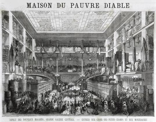 Grands magasins Maison du pauvre diable. Aspect des nouveaux magasins, grande galerie centrale . Publicite publiee dans l Album du Figaro en 1875. Credit : Collection Vav KHARBINE-TAPABOR. *** Department stores House of the poor devil Appearance of new stores, large central gallery Advertising published in the Album du Figaro in 1875 Credit Collection Vav KHARBINE TAPABOR  KH47483