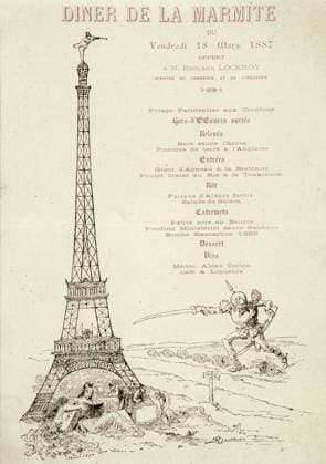 Diner Menu du Diner de la marmite du vendredi 18 03 1887 offert a M. Edouard LOCKROY (1838-1913) Ministre du commerce et de l industrie representant la Tour Eiffel. Credit : Collection IM KHARBINE-TAPABOR. *** Dinner Menu of the Friday 18 03 1887 pot dinner offered to Mr Edouard LOCKROY 1838 1913 Minister of Commerce and Industry representing the Eiffel Tower Credit Collection IM KHARBINE TAPABOR  KH9786