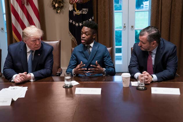 United States President Donald J. Trump, student Walter Blanks, of Ohio, and Senator Ted Cruz, R-Texas, participate in a round table meeting on education in the Cabinet Room of the White House in Washington, DC on Monday, December 9, 2019. Copyright: xSarahxSilbigerx
